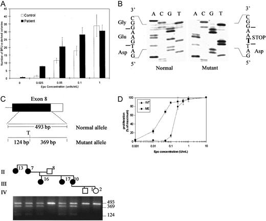 Fig. 2. Erythroid colony assays, mutation analysis, and Epo-dose response. / (A) Erythroid colony formation assays in 2 family members. The vertical axis indicates the numbers of BFU-E–derived colonies per 2.5 × 105 peripheral blood mononuclear cells, expressed as the mean ± SD of assays performed in triplicate. The final Epo concentration added to the cultures is indicated on the horizontal axis. (B) DNA sequence of subcloned genomic PCR products from the EpoR gene of the proband. Analysis of individual clones shows the sequences for the normal allele (left) and the mutant allele (right). The bold letter T indicates 5881G>T substitution resulting in introduction of a STOP codon. (C) Upper panel shows diagram of exon 8 of EPORgene. The coding sequence is shown as solid box and the 3′ untranslated region as an open box. The position and size of genomic PCR amplification products and a Tru9I (T) restriction map of the 493-base pair (bp) PCR amplification product for the mutant allele are shown. Lower panel shows detection of the mutation by restriction endonuclease digestion of PCR-amplified genomic DNA. Part of the pedigree is shown at the top of the figure. Genomic DNA amplification products were digested with Tru9I and fractionated by electrophoresis in a 2% agarose gel. The mutation creates a uniqueTru9I site in mutant allele and yields fragments of 369 bp and 124 bp in addition to the 493-bp fragment from the normal allele in individuals heterozygous for the new mutation. None of the unaffected individuals (open symbols) have Tru9I site in their genomic DNA, whereas all affected individuals in the family (filled symbols) are heterozygous for the mutation. (D) Epo dose-response of 32D cells transfected with wild type (WT) or mutant (ME) EpoRs. The cells were cultured in the indicated concentrations of Epo (U/mL) and the results are expressed as a percentage of maximal proliferation in 10 U/mL Epo as determined by MTT assay. Each data point represents the mean of 4 determinations with SE bars shown. Similar results were obtained in several experiments using multiple independent single cell clones of transfected cells.