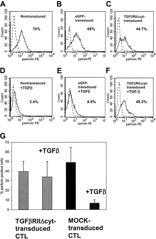 Fig. 7. TGF-β significantly reduces intracellular perforin levels in nontransduced or eGFP-transduced CTLs, whereas perforin release is unaffected by TGF-β in HATGF-βRII-Δcyt–transduced CTLs. / Ninety-six hours after the addition of TGF-β (5 ng/mL), nontransduced (A,D), eGFP-transduced (B,E), and HATGF-βRII-Δcyt–transduced CTLs (C,F) were stained for intracellular perforin by using PE-labeled antiperforin antibody and were detected by flow cytometry. (A-F) These panels show representative histograms for CTLs from one donor cultured without TGF-β (A-C) versus with TGF-β (D-F). (G) This panel shows mean perforin levels from 6 CTL lines with and without TGF-β.