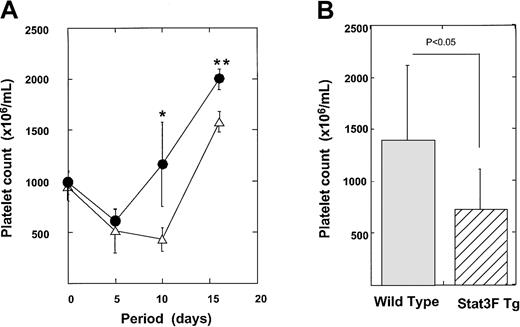 Fig. 7. Recovery of platelet number after 5-FU injection. / (A) Tg mice (n = 7) and normal littermates mice (n = 6) were injected with 150 μg/kg 5-FU. Platelet counts were checked at the indicated time points (●, wild-type mice; ▵, Tg mice). *P < .005; **P < .01. (B) Platelet numbers of Tg mice (n = 12) and wild-type mice (n = 14) at day 10 after 5-FU injection.