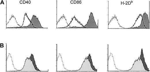 Fig. 6. Effect of overnight culture of sDCs. / Overnight culture of sDCs induces phenotypic activation that is partially dependent on type I IFN. (A) Phenotype of CD11c+sDCs from B6 mice directly ex vivo (solid lines) and after overnight culture (dark-gray filled histograms). (B) Phenotype of CD11c+ B6 sDCs after culture for 18 hours in the presence (light-gray filled histograms) or absence (dark-gray filled histograms) of anti–IFN-α/β immunoglobulin. Dashed histograms show background staining with isotype control antibodies. Data are representative results from 1 of 3 experiments.