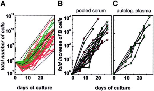 Fig. 2. Expansion of CD40–B cells. / (A) Overall expansion of 53 cultures from healthy individuals (red) and cancer patients (green). CD40–B cells were generated by means of CD40L-transfected NIH3T3 cells and rhIL-4. (B) (C) Cultures from 11 healthy individuals (red) and 8 cancer patients (green) were grown in pooled AB serum (panel B) or autologous plasma (panel C), and expansion was normalized for CD19+CD20+cells.