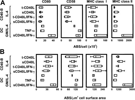 Fig. 4. Quantification of cell surface molecules. / CD40–B cells were generated by means of tCD40L or sCD40L in the presence of IL-4 and CsA and were coincubated with or without INF-γ (added for 4 days before analysis). DCs were generated by culture of monocytes with GM-CSF and IL-4 and were matured with TNF-α or CD40L/INF-γ. (A) Surface expression of CD58, CD80, MHC class I, and MHC class II was measured by flow cytometry and normalized by means of the Qifikit to obtain the ABSs per cell. (B) The number of ABSs per cell surface area was calculated to normalize for different sizes, cell types, or culture conditions. Medians (lines), ranges (bars), and 95th percentiles (boxes) of 3 to 9 experiments for each culture condition and cell surface molecule are shown.