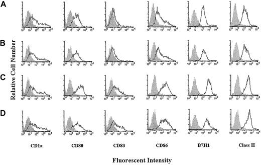 Fig. 6. H-ferritin induces maturation of DCs, which are phenotypically different than DCs induced by CD40L. / Phenotypic profile of DCs derived from monocytes (A) and monocyte-derived DCs exposed on day 6 to L-ferritin (B), H-ferritin (C), or CD40L (D) (1 μg/mL) for 24 hours.