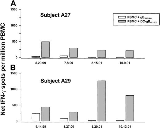 Fig. 6. IFN-γ production in PBMCs obtained at sequential time points from 2 HHV-8–seropositive subjects. / PBMCs cryopreserved at the indicated dates from group A subjects A27 and A29 were thawed and cocultured for 1 week with gB492-500 alone or with freshly obtained, autologous, mature DCs loaded with gB492-500.