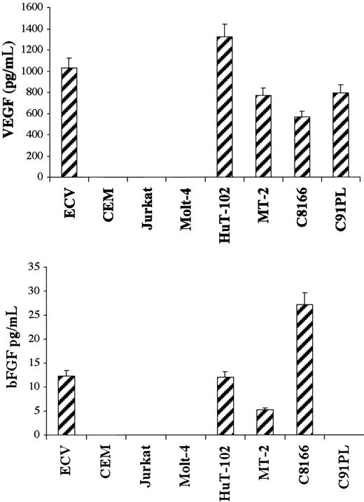 Fig. 3. HTLV-I–positive cells secrete VEGF and bFGF. / ELISA measurement of secreted VEGF and bFGF. HTLV-I–transformed cells, HTLV-I–negative cells, and endothelial cells were cultured for 72 hours. Levels of VEGF and bFGF in the cell supernatant were measured using a commercial ELISA kit. The amount of VEGF and bFGF proteins in the samples was calculated using a reference curve established from serial dilutions of rhVEGF and rhbFGF proteins. All experiments were performed in triplicate and were repeated a minimum of 3 times.