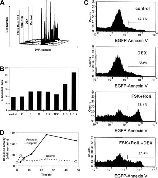 Fig. 3. Forskolin and rolipram induce G1 and G2/M cell cycle arrest and apoptosis in CEM cells. / CEM cells were cultured with 20 μM forskolin, 20 μM rolipram, and 1 μM dexamethasone in various combinations for 48 hours. (A) DNA content per cell was measured by PI staining and flow cytometry. Deconvolution analysis of the cell cycle profiles was performed to estimate the percentages of cells in G1, S, and G2/M phases (Table 2), as well as (B) the percentage of cells with subdiploid DNA content, indicative of apoptosis. (C) The fluorescence profile of cells bound to EGFP–annexin V fusion protein is plotted with the percentage of highly fluorescent cells shown above the bar, indicating apoptotic cells. (D) Lysate of untreated cells (broken line) and cells treated with forskolin and rolipram (solid line) for various time intervals were assayed for caspase-3 activity using a fluorescent substrate. Activity is measured in arbitrary units of relative fluorescence.