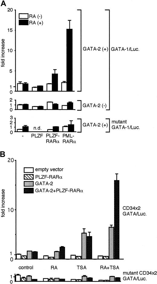 Fig. 6. PLZF-RARα has a capacity to modulate GATA-2 activity. / Luciferase reporter gene assays using 293T cells were conducted as described in the legend to Figure 2. (A) Expression plasmids for GATA-2 (GATA-2/pMT2, 100 ng), PLZF (PLZF/pSG5; 500 ng), PLZF-RARα (PLZF-RARα/pSG5, 500 ng), and PML-RARα (PML-RARα/pMT2, 500 ng) were used as indicated, in combination with GATA-1/Luc or mutant GATA-1/Luc reporter plasmid (0.5 μg). ATRA (RA; 1 μΜ) (solid bar) or solvent (dimethyl sulfoxide) (open bar) was added to the culture media 24 hours after transfection, and luciferase activities were measured 24 hours later. (B) Expression plasmids for GATA-2 (GATA-2/pMT2, 100 ng) and PLZF-RARα (PLZF-RARα/pSG5, 500 ng) were used in combination with CD34 × 2/Luc or mutant CD34 × 2/Luc reporter plasmids (0.5 μg), as indicated. ATRA (RA; 1 μM) trichostatin A (TSA, 100 nM), or both, was added to the culture media 24 hours after transfection, and luciferase activities were measured 24 hours later. Luciferase activities were normalized as described in the legend to Figure 2 and were presented as fold increase in activity from the wild-type GATA-1/Luc (A) or CD34 × 2/Luc reporter (B) alone in the absence of the chemical reagents.