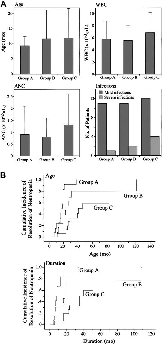 Fig. 2. Clinical characteristics in 3 groups of patients with neutropenia. / The age of diagnosis, white blood cell count, ANC, and the number of infectious episodes were compared among 3 groups (A). Data represent the mean ± SD in the age of diagnosis, white blood cell count, and ANC. The infectious complication showed the number of patients presenting mild or severe infections associated with neutropenia. Cumulative incidence of resolution of neutropenia is presented by age and duration of neutropenia in 3 groups (B). Statistical significance was determined by using the log-rank test. The values of statistical significance are as follows: group A versus group B, P < .05; group B versus group C,P < .05; group A versus group B plus group C,P < .01.