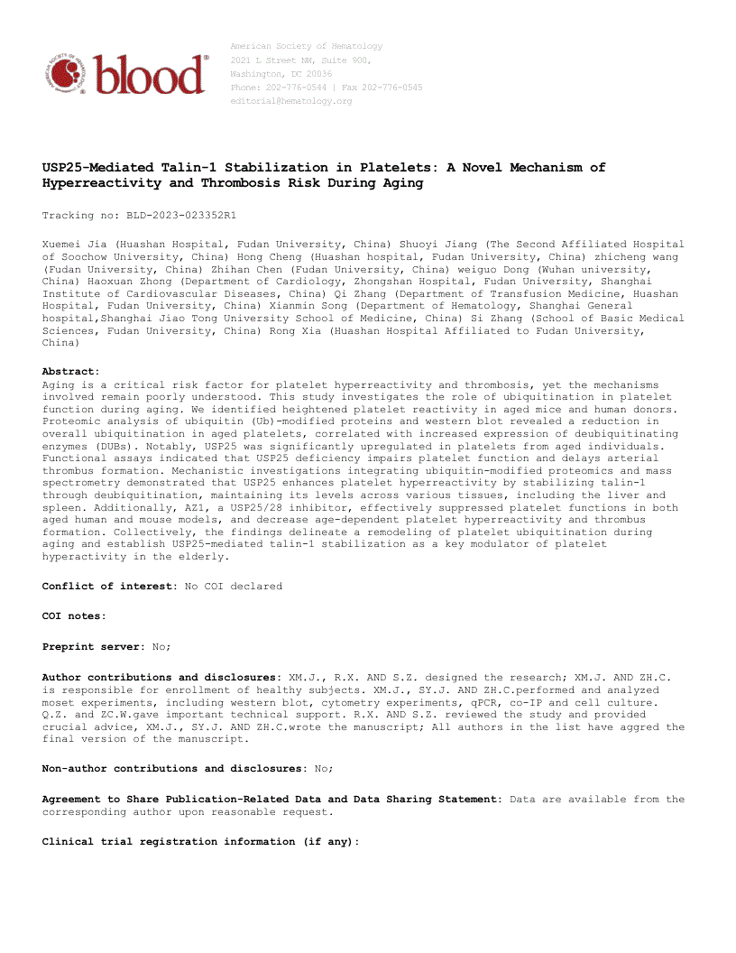 First page of USP25-Mediated Talin-1 Stabilization in Platelets: A Novel Mechanism of Hyperreactivity and Thrombosis Risk During Aging