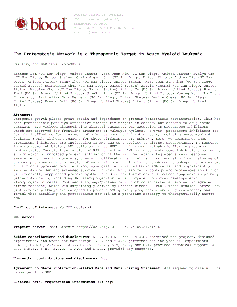 First page of The Proteostasis Network is a Therapeutic Target in Acute Myeloid Leukemia