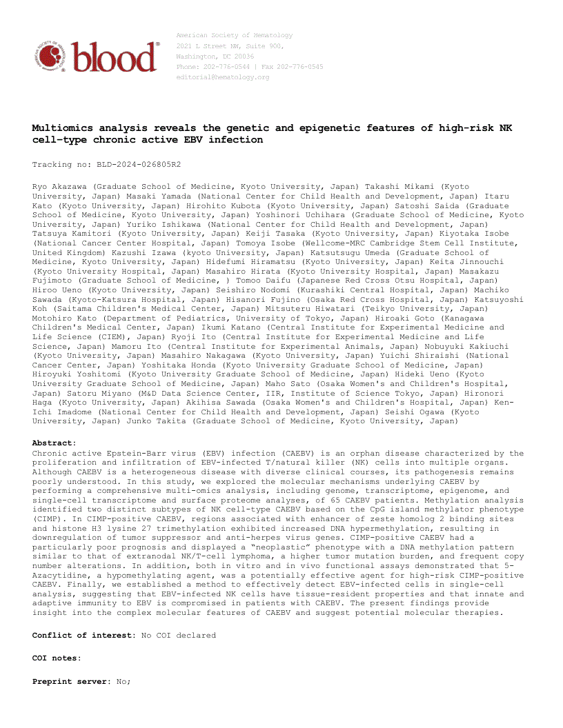 First page of Multiomics analysis reveals the genetic and epigenetic features of high-risk NK cell-type chronic active EBV infection