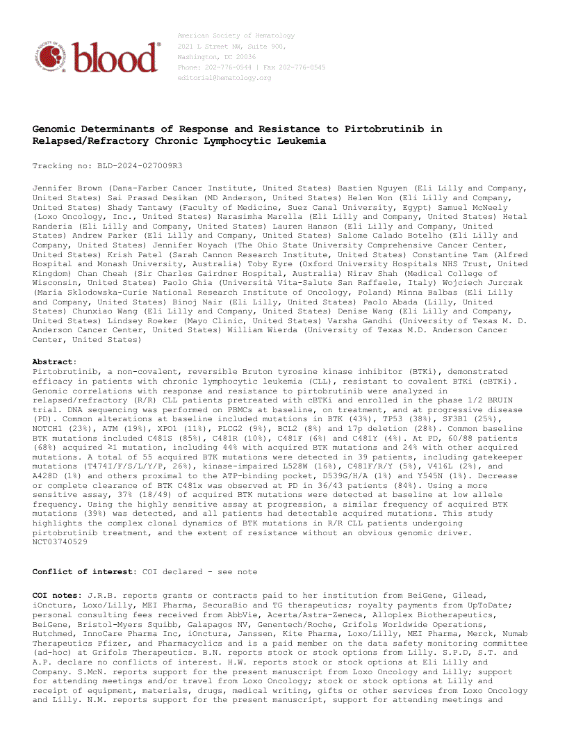 First page of Genomic Determinants of Response and Resistance to Pirtobrutinib in Relapsed/Refractory Chronic Lymphocytic Leukemia