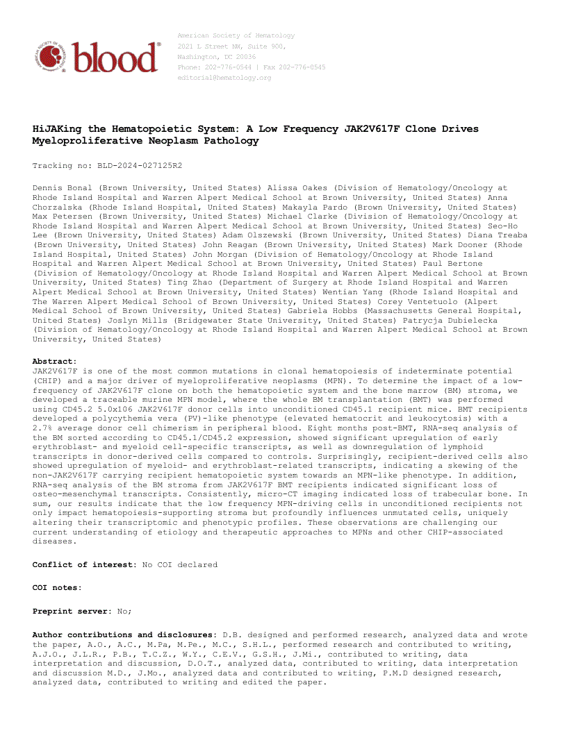 First page of HiJAKing the Hematopoietic System: A Low-Frequency JAK2V617F Clone Drives Myeloproliferative Neoplasm Pathology