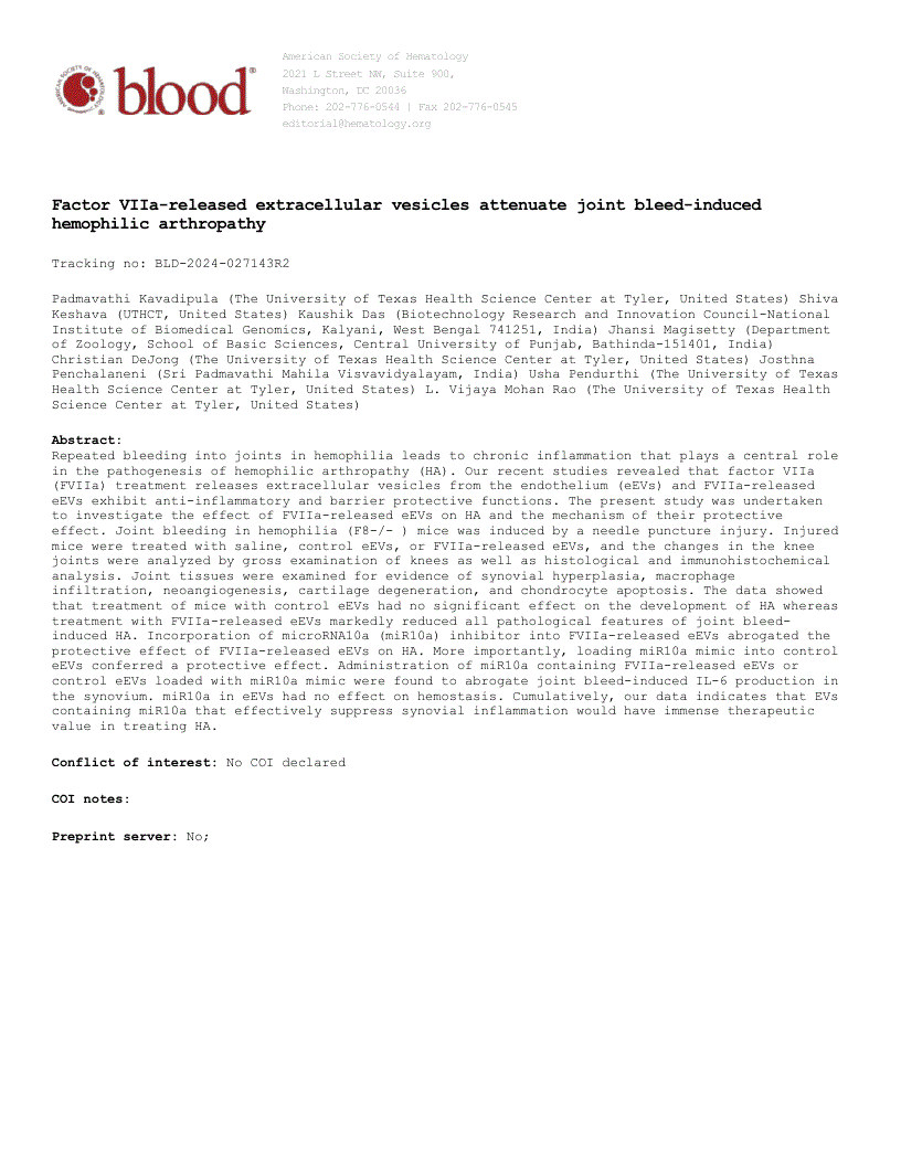 First page of Factor VIIa-released extracellular vesicles attenuate joint bleed-induced hemophilic arthropathy