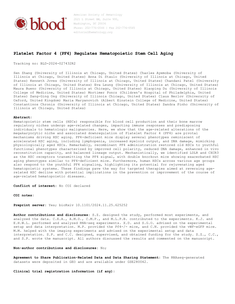 First page of Platelet Factor 4 (PF4) Regulates Hematopoietic Stem Cell Aging