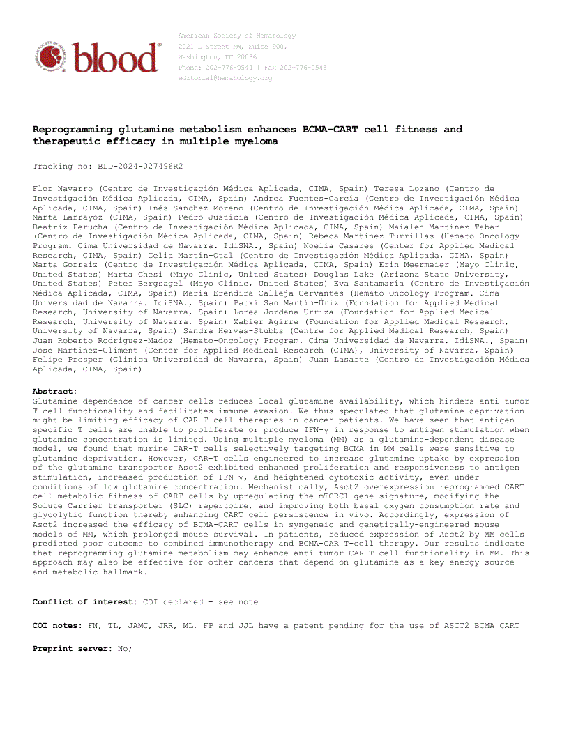 First page of Reprogramming glutamine metabolism enhances BCMA-CART cell fitness and therapeutic efficacy in multiple myeloma