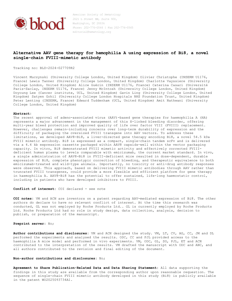 First page of Alternative AAV gene therapy for hemophilia A using expression of Bi8, a novel single-chain FVIII-mimetic antibody