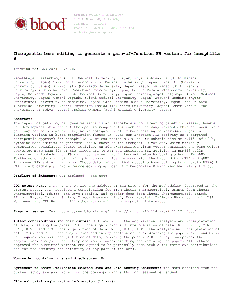 First page of Therapeutic base editing to generate a gain-of-function F9 variant for hemophilia B