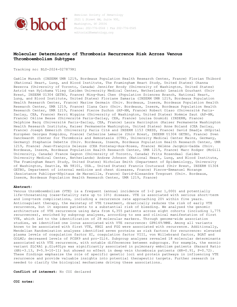 First page of Molecular Determinants of Thrombosis Recurrence Risk Across Venous Thromboembolism Subtypes