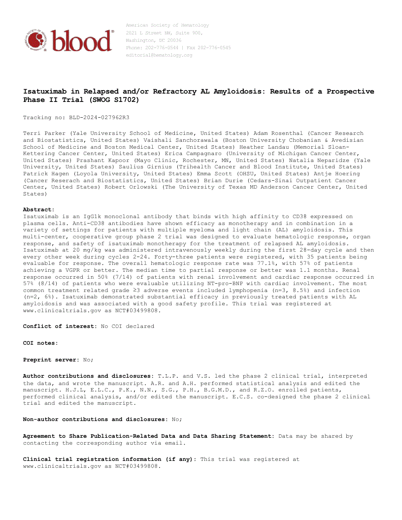 First page of Isatuximab for Relapsed and/or Refractory AL Amyloidosis: Results of a Prospective Phase 2 Trial (SWOG S1702)