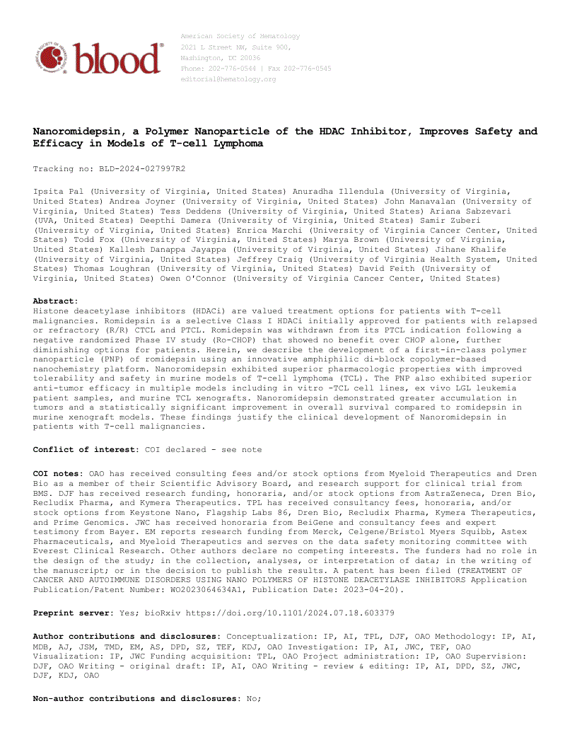 First page of Nanoromidepsin, a Polymer Nanoparticle of the HDAC Inhibitor, Improves Safety and Efficacy in Models of T-cell Lymphoma
