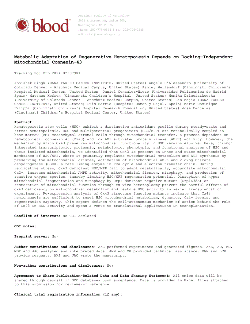 First page of Metabolic Adaptation of Regenerative Hematopoiesis Depends on Docking-Independent Mitochondrial Connexin-43