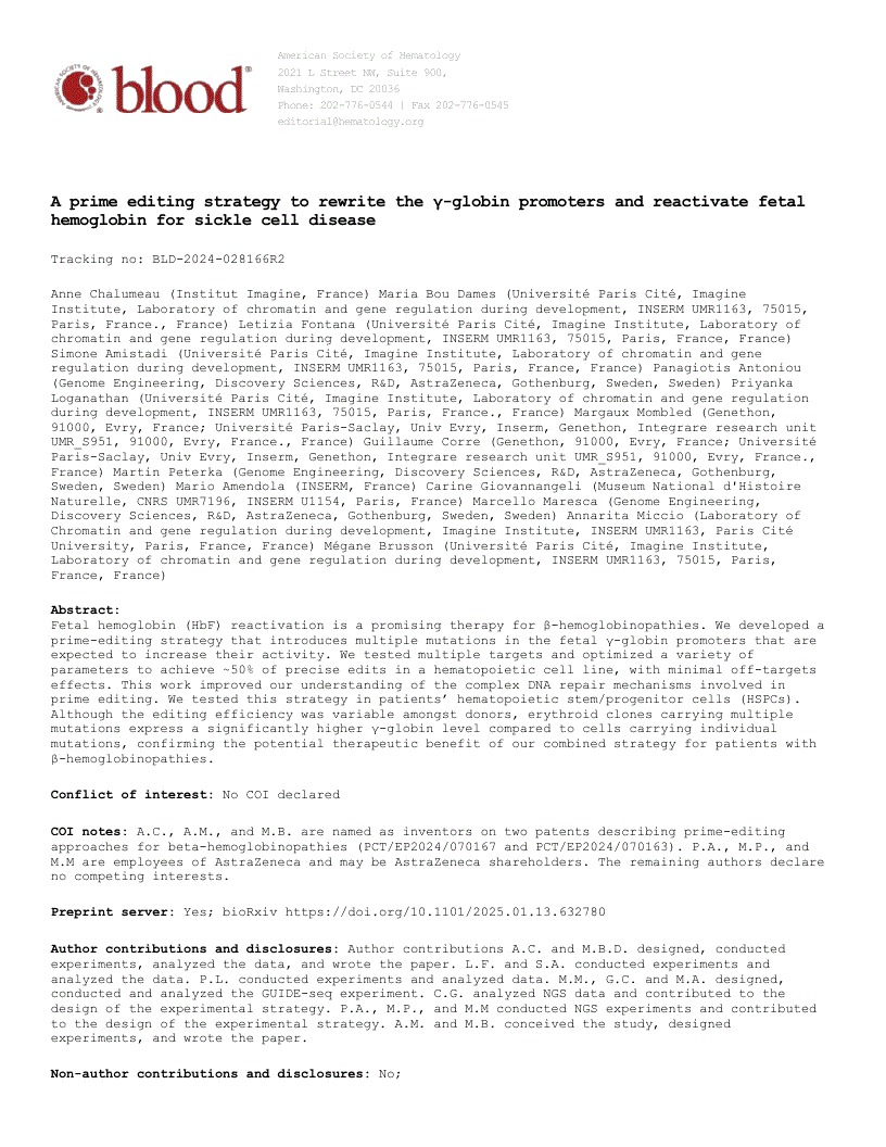 First page of A prime editing strategy to rewrite the γ-globin promoters and reactivate fetal hemoglobin for sickle cell disease
