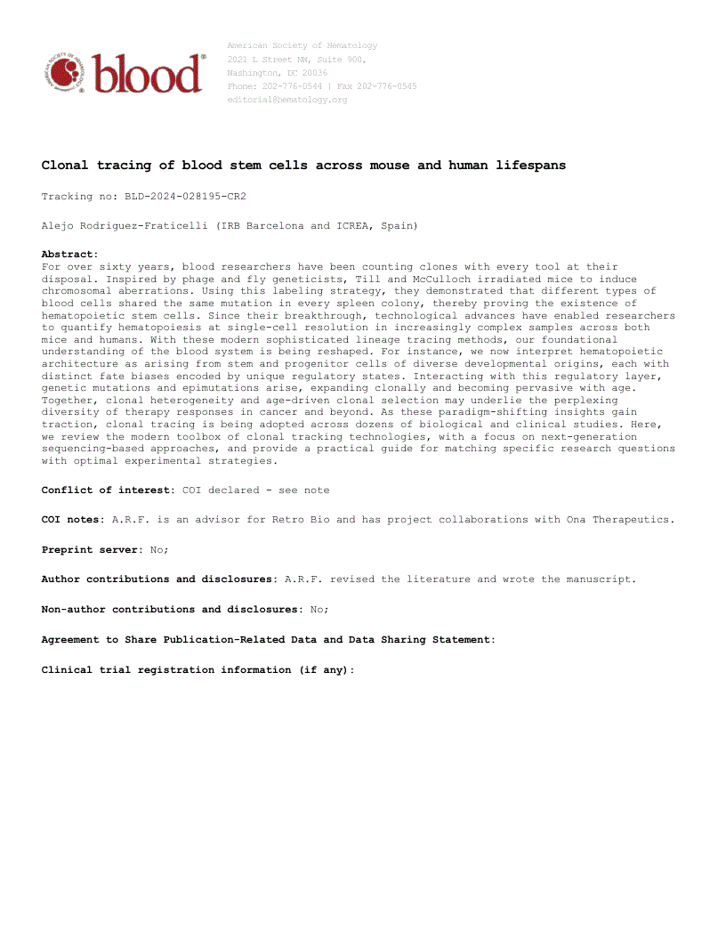 First page of Clonal tracing of blood stem cells across mouse and human lifespans