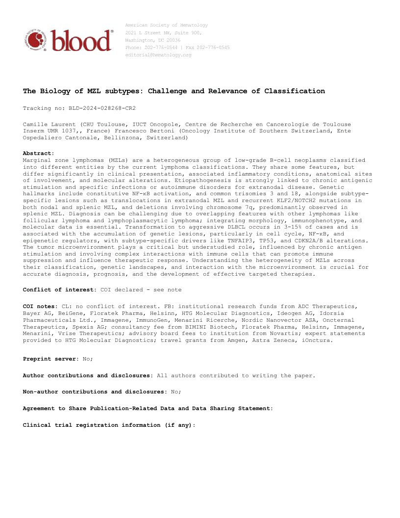 First page of The Biology of MZL subtypes: Challenge and Relevance of Classification