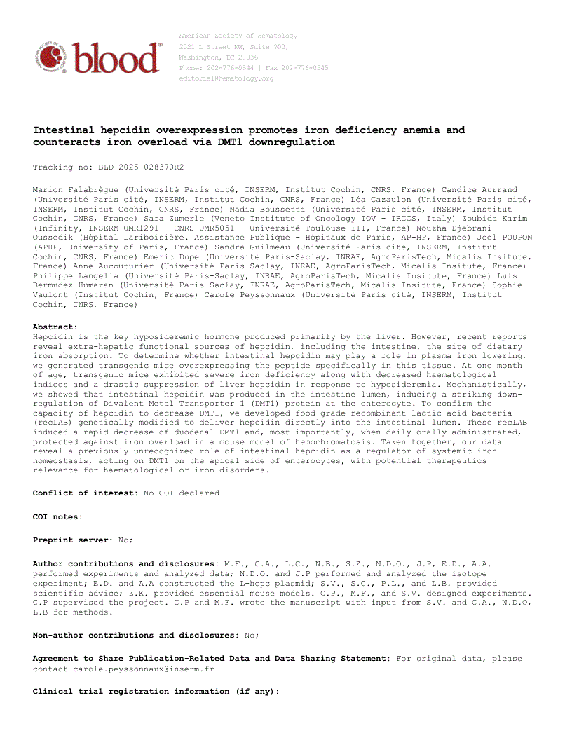 First page of Intestinal hepcidin overexpression promotes iron deficiency anemia and counteracts iron overload via DMT1 downregulation