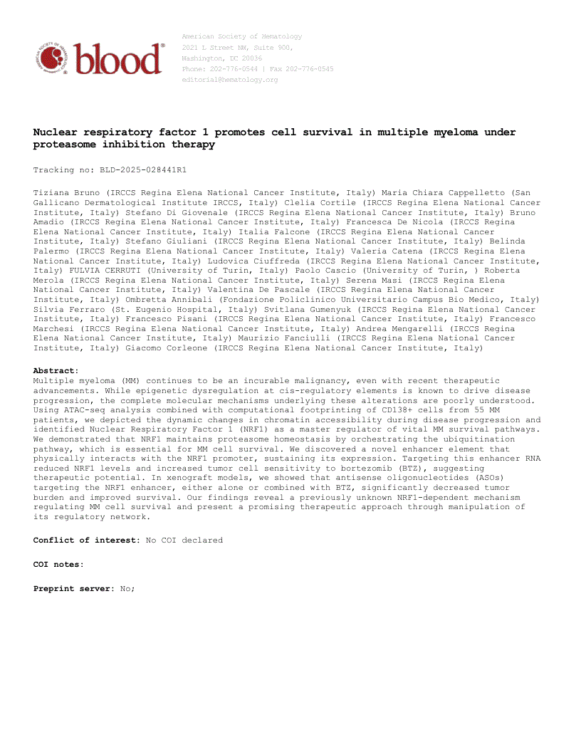 First page of Nuclear respiratory factor 1 promotes cell survival in multiple myeloma under proteasome inhibition therapy