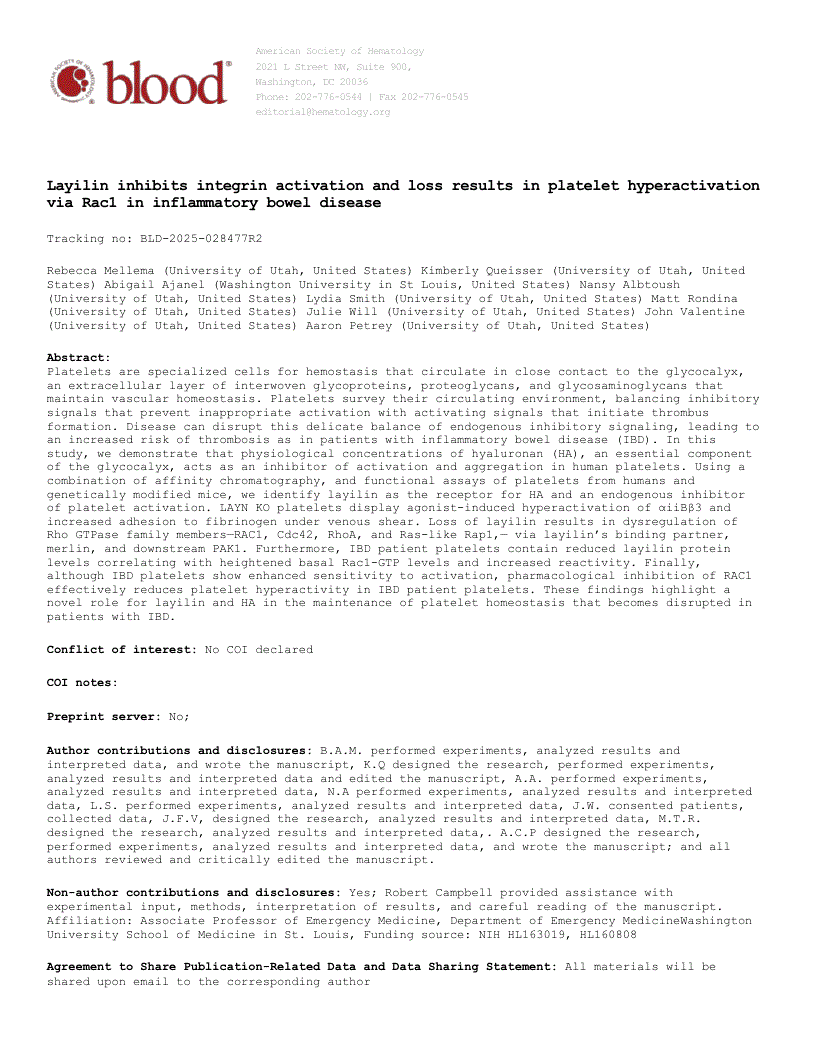 First page of Layilin inhibits integrin activation, and its loss results in platelet hyperactivation via Rac1 in inflammatory bowel disease