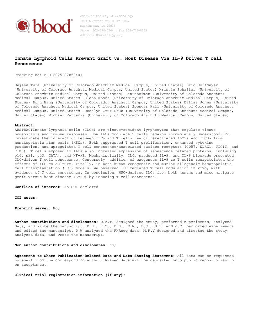 First page of Innate lymphoid cells prevent graft-versus-host disease via IL-9-driven T-cell senescence
