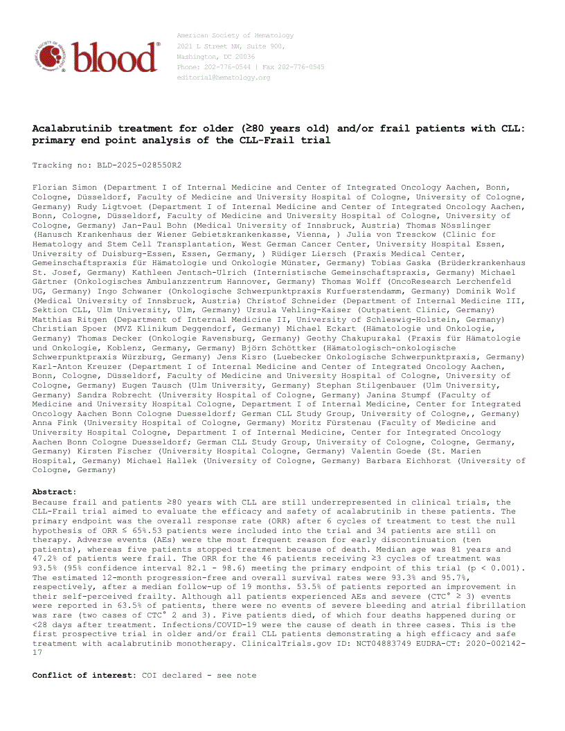 First page of Acalabrutinib treatment for older (≥80 years old) and/or frail patients with CLL: primary end point analysis of the CLL-Frail trial