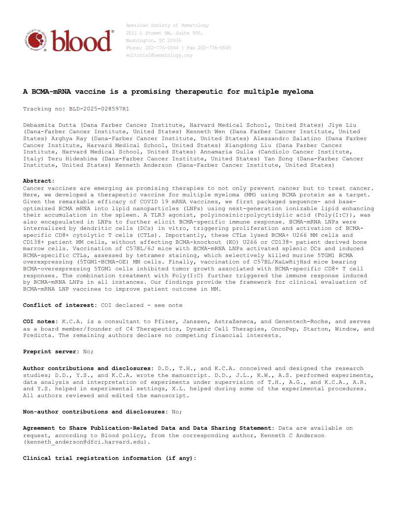 First page of A BCMA-mRNA vaccine is a promising therapeutic for multiple myeloma