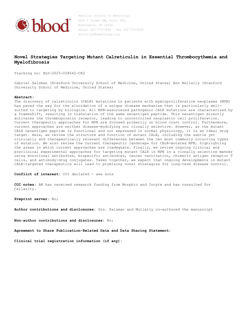 First page of Novel Strategies Targeting Mutant Calreticulin in Essential Thrombocythemia and Myelofibrosis