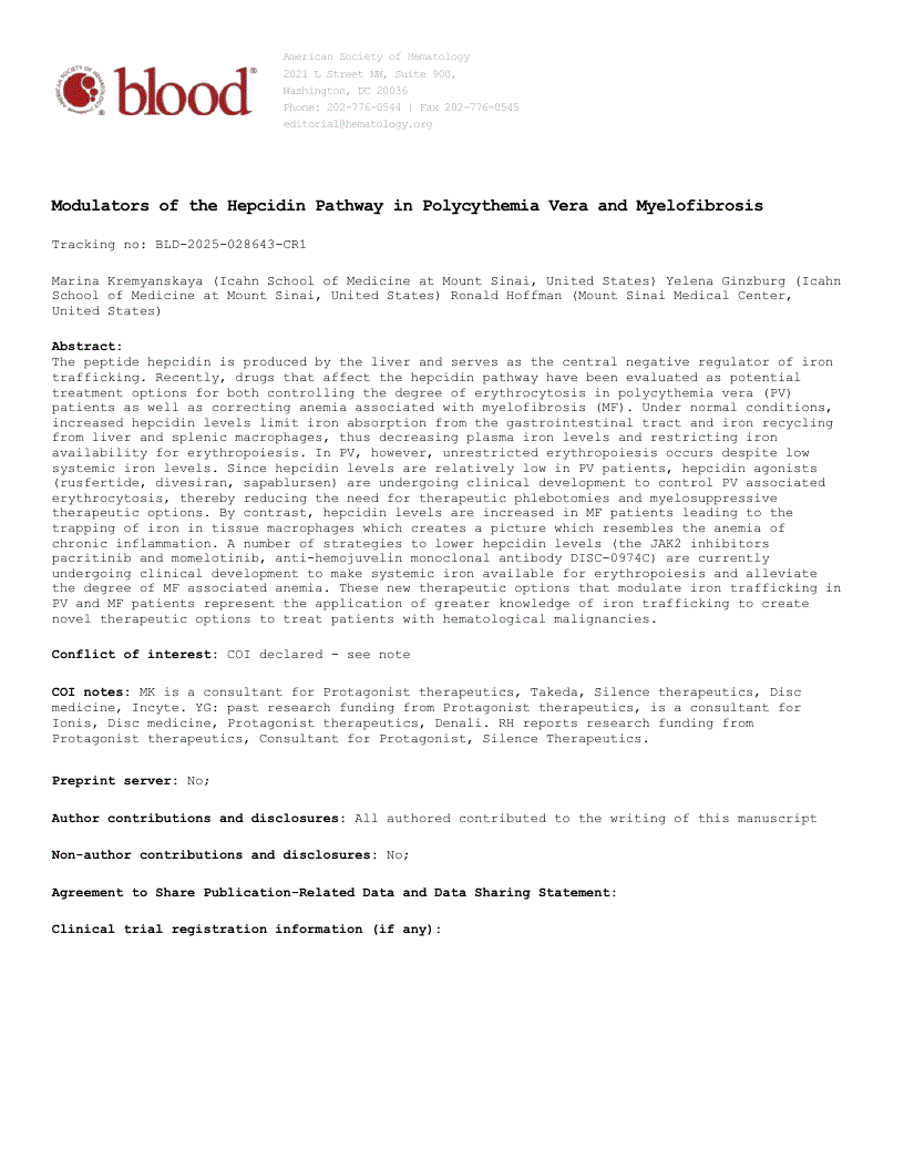 First page of Modulators of the Hepcidin Pathway in Polycythemia Vera and Myelofibrosis