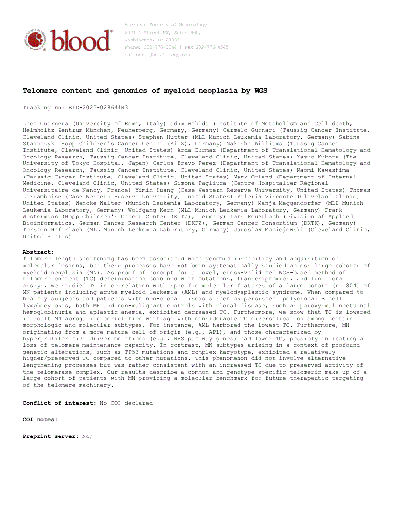 First page of Determining telomere content and genomics of myeloid neoplasia by whole-genome sequencing
