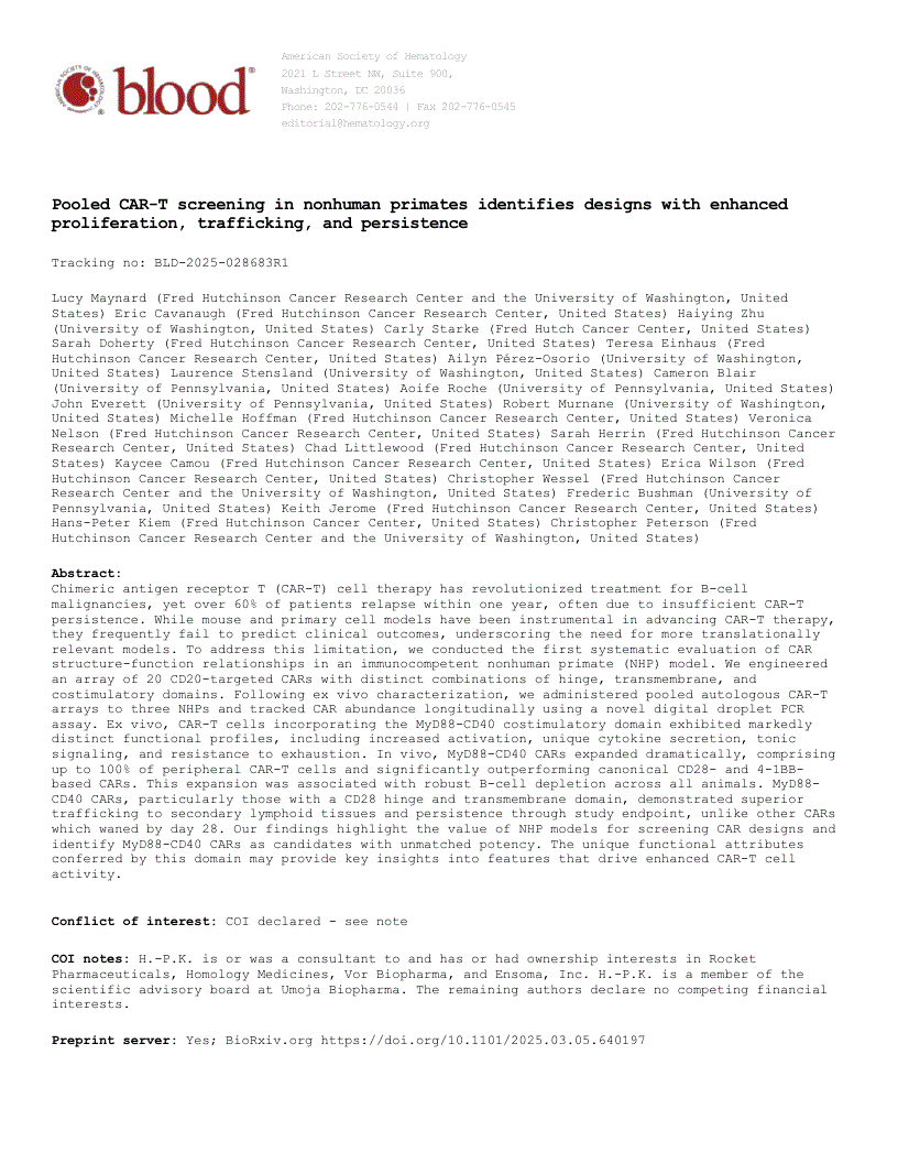 First page of Pooled CAR-T screening in nonhuman primates identifies designs with enhanced proliferation, trafficking, and persistence