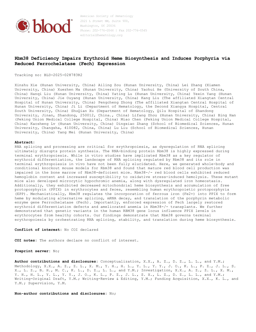 First page of Rbm38 Deficiency Impairs Erythroid Heme Biosynthesis and Induces Porphyria via Reduced Ferrochelatase Expression