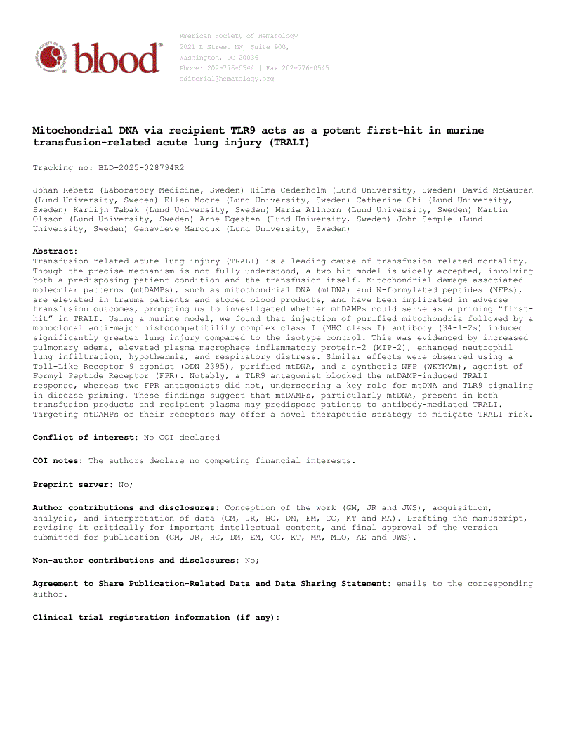 First page of Mitochondrial DNA via recipient TLR9 acts as a potent first-hit in murine transfusion-related acute lung injury (TRALI)