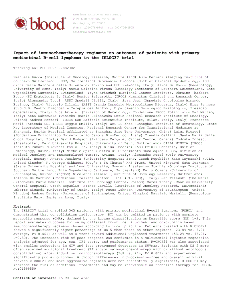 First page of Impact of immunochemotherapy regimens on outcomes of patients with primary mediastinal B-cell lymphoma in the IELSG37 trial