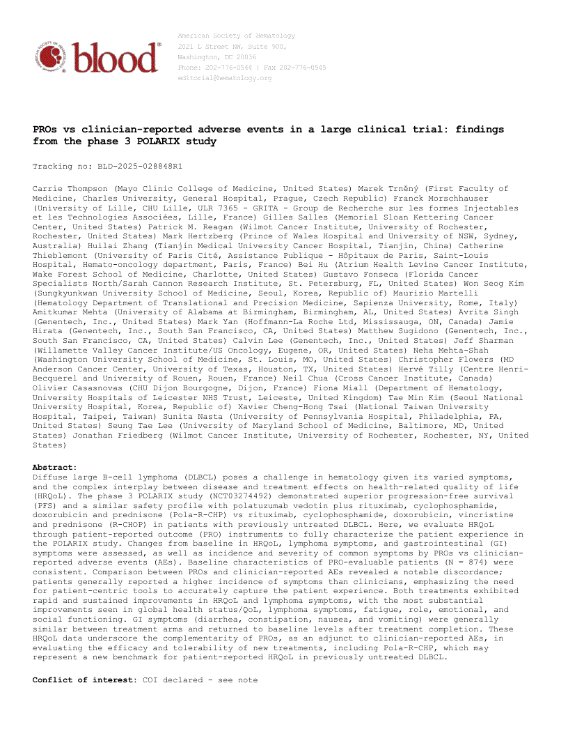 First page of PROs vs clinician-reported adverse events in a large clinical trial: findings from the phase 3 POLARIX study