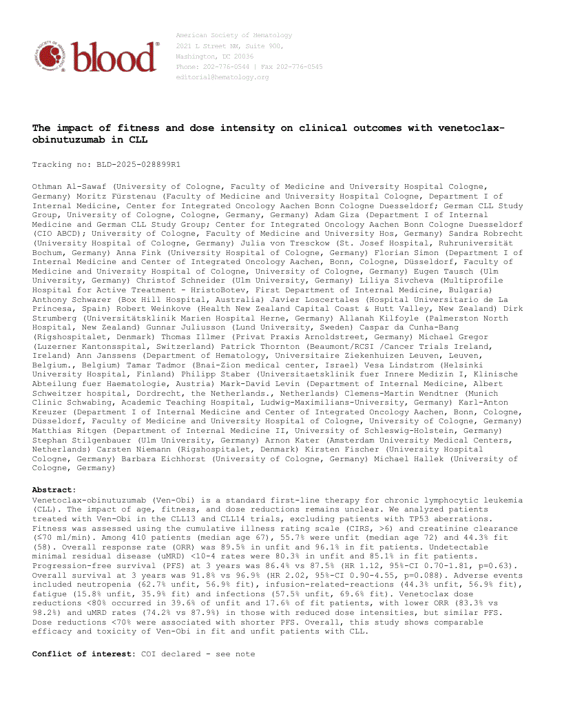 First page of The impact of fitness and dose intensity on clinical outcomes with venetoclax-obinutuzumab in CLL