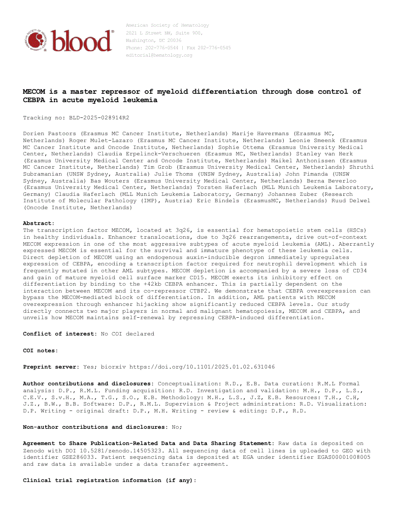 First page of MECOM is a master repressor of myeloid differentiation through dose control of CEBPA in acute myeloid leukemia