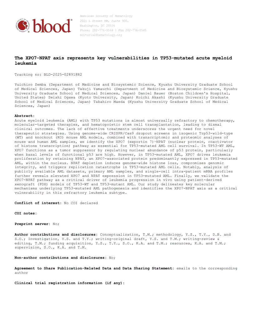 First page of The XPO7-NPAT axis represents key vulnerabilities in TP53-mutated acute myeloid leukemia