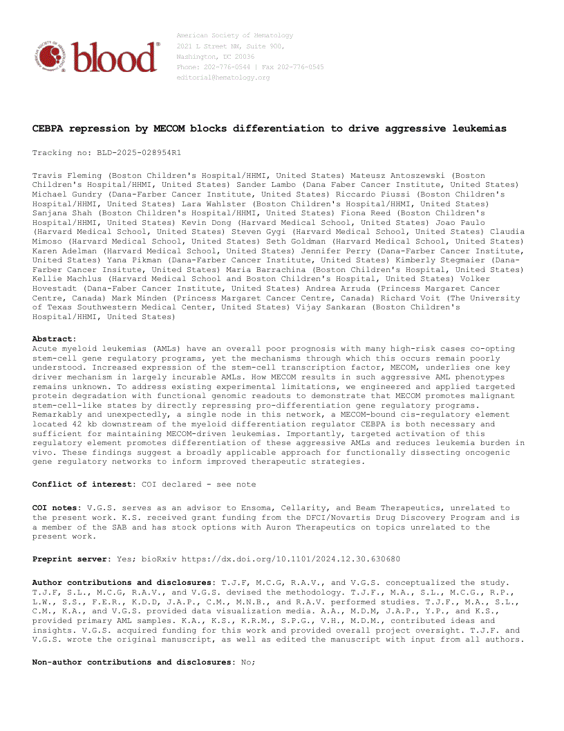 First page of CEBPA repression by MECOM blocks differentiation to drive aggressive leukemias