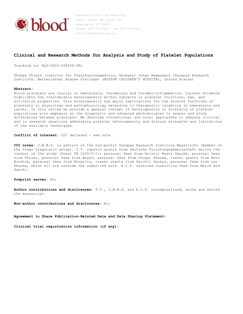 First page of Clinical and Research Methods for Analysis and Study of Platelet Populations