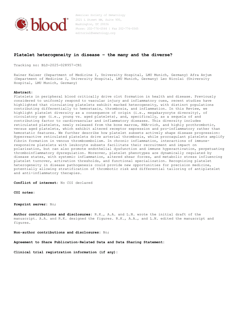 First page of Platelet heterogeneity in disease: the many and the diverse?
