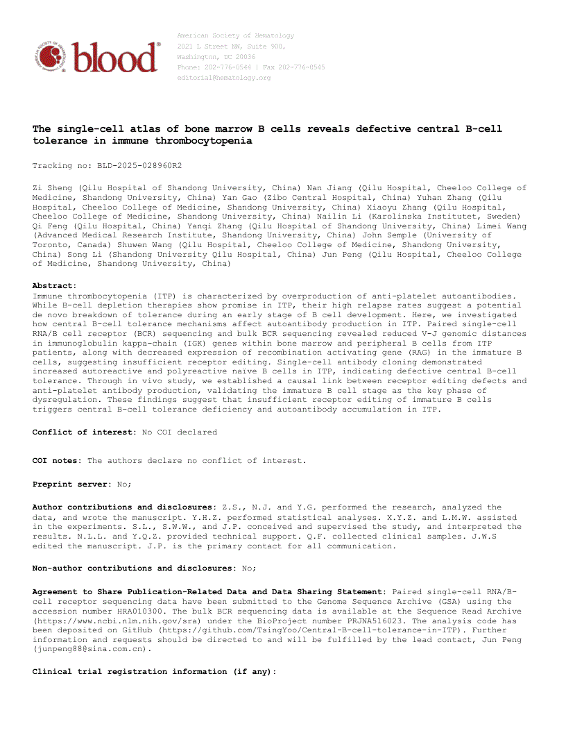First page of The single-cell atlas of bone marrow B cells reveals defective central B-cell tolerance in immune thrombocytopenia